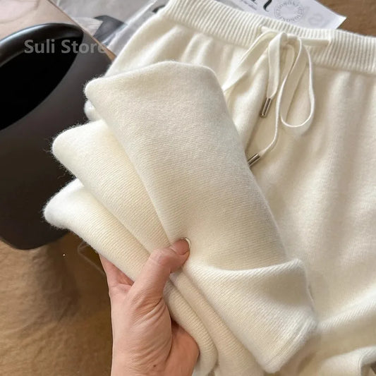 Autumn and Winter Temperament Wool High Waist Loose Wide Leg Pants Women's Cloud Casual Soft Waxy Wool Straight Trousers